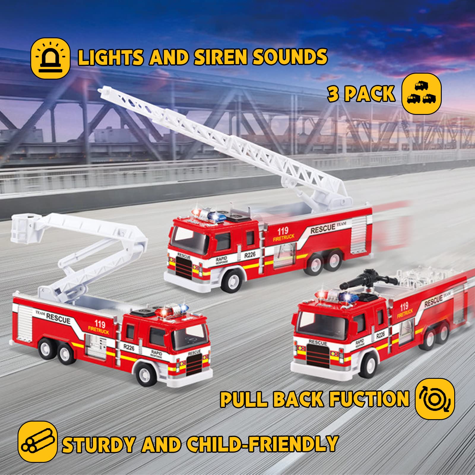 CORPER TOYS Toy Fire Truck, 3 Pack Firetruck Toys Set with Extending Rescue Rotating Ladder Water Gun Lights and Siren Sounds, Pull Back Alloy Car Toys for Toddlers Boys Girls Kids Gift