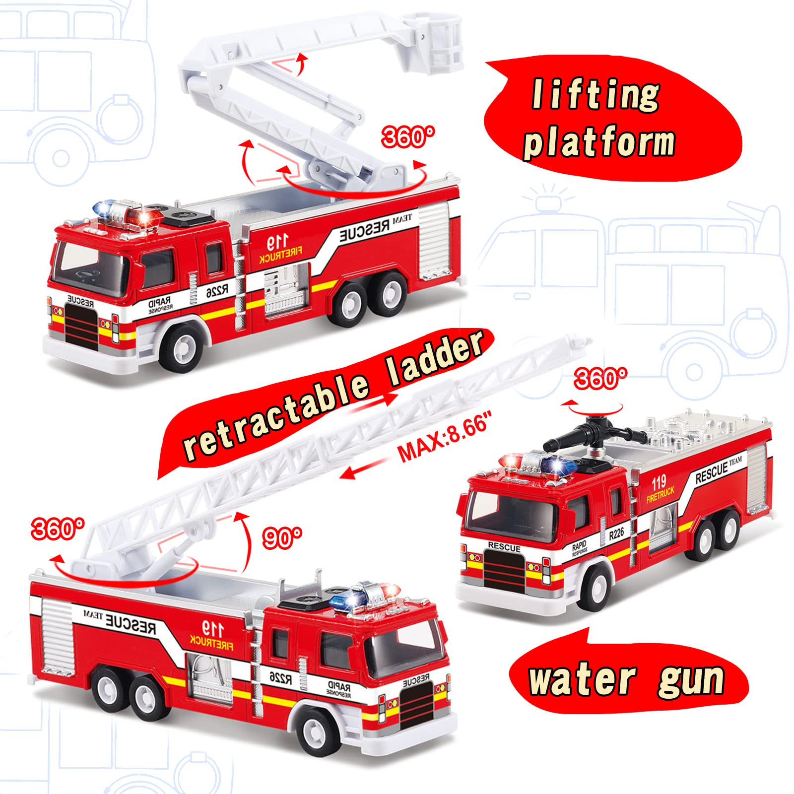 CORPER TOYS Toy Fire Truck, 3 Pack Firetruck Toys Set with Extending Rescue Rotating Ladder Water Gun Lights and Siren Sounds, Pull Back Alloy Car Toys for Toddlers Boys Girls Kids Gift