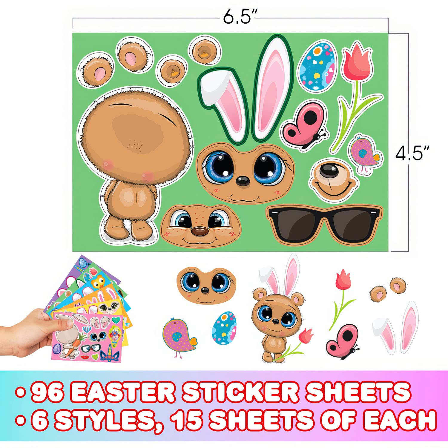 Artcreativity Easter Make Your Own Stickers, Bulk Easter Stickers for Kids (96 Sticker Sheets) with 6 Designs, Easter Basket Stuffers, Easter Egg Stickers and Bunny Stickers, Easter Crafts for Kids