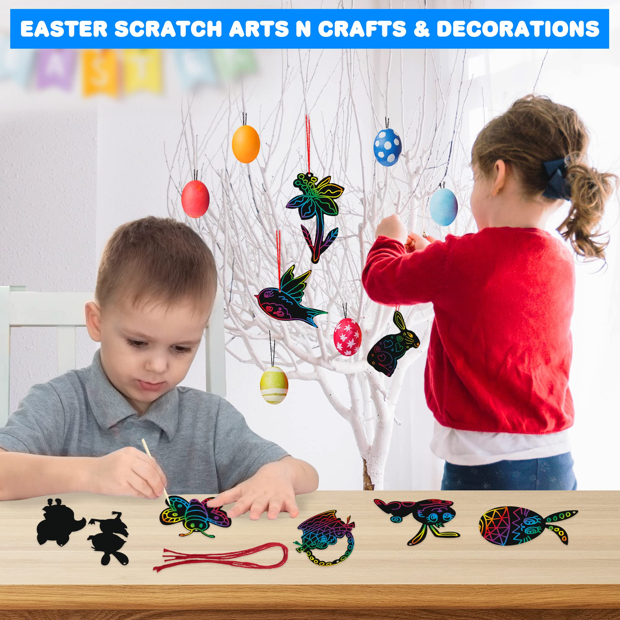 Easter Scratch Art for Kids Bulk, Set of 48 Scratch Art Ornaments, Wooden Stick, & Ribbon, Easter Craft Kit, Unique Teen Easter Basket Stuffers, Cool Fun Easter Gifts for Teens, Easter Craft Kit