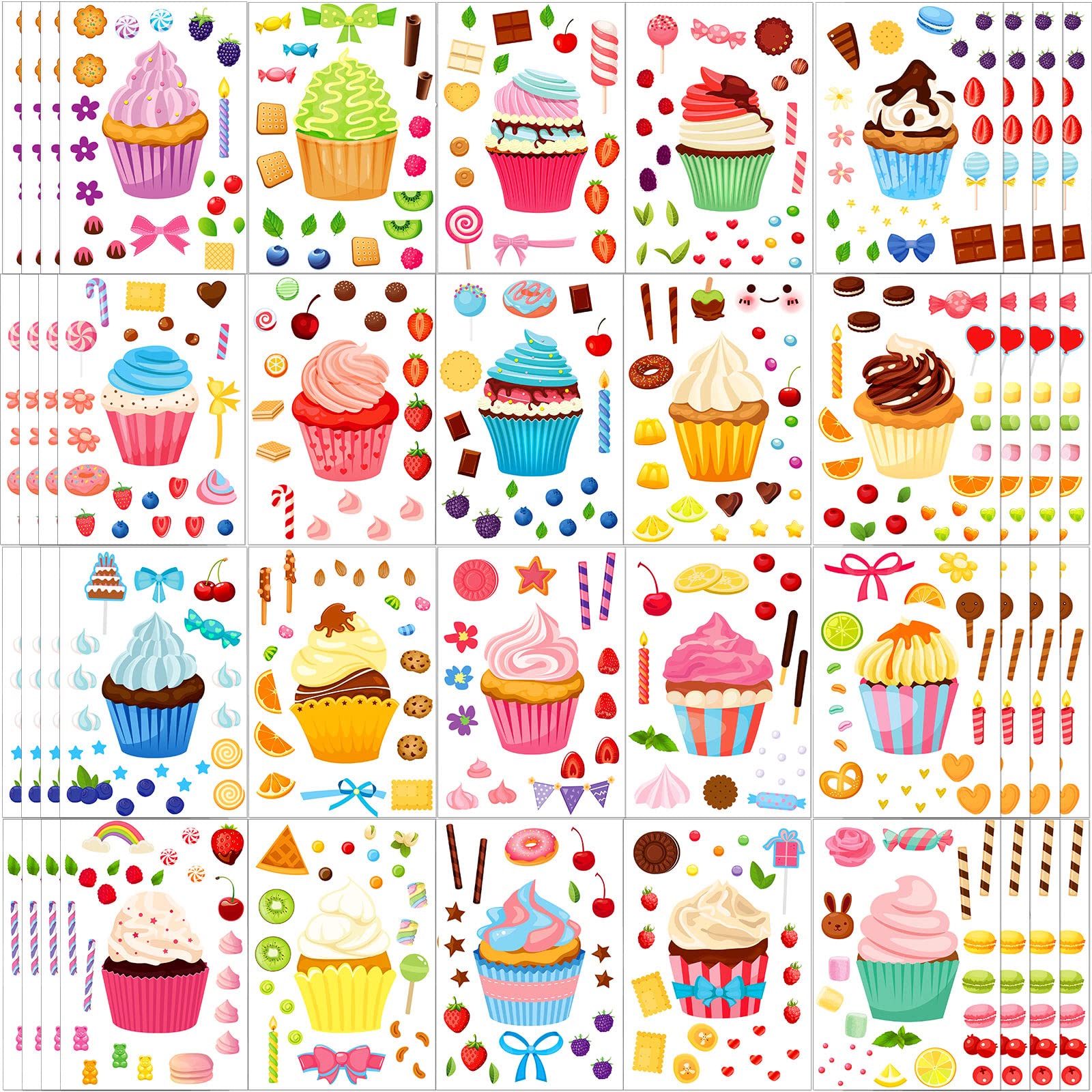 Sinmoe 100 Sheets Valentine Cupcake Stickers Colorful Make Your Own Stickers DIY Sweet Kids Cupcake Craft Stickers Mix and Match Dessert Stickers for Kids Classroom Birthday Party Favor, 20 Styles