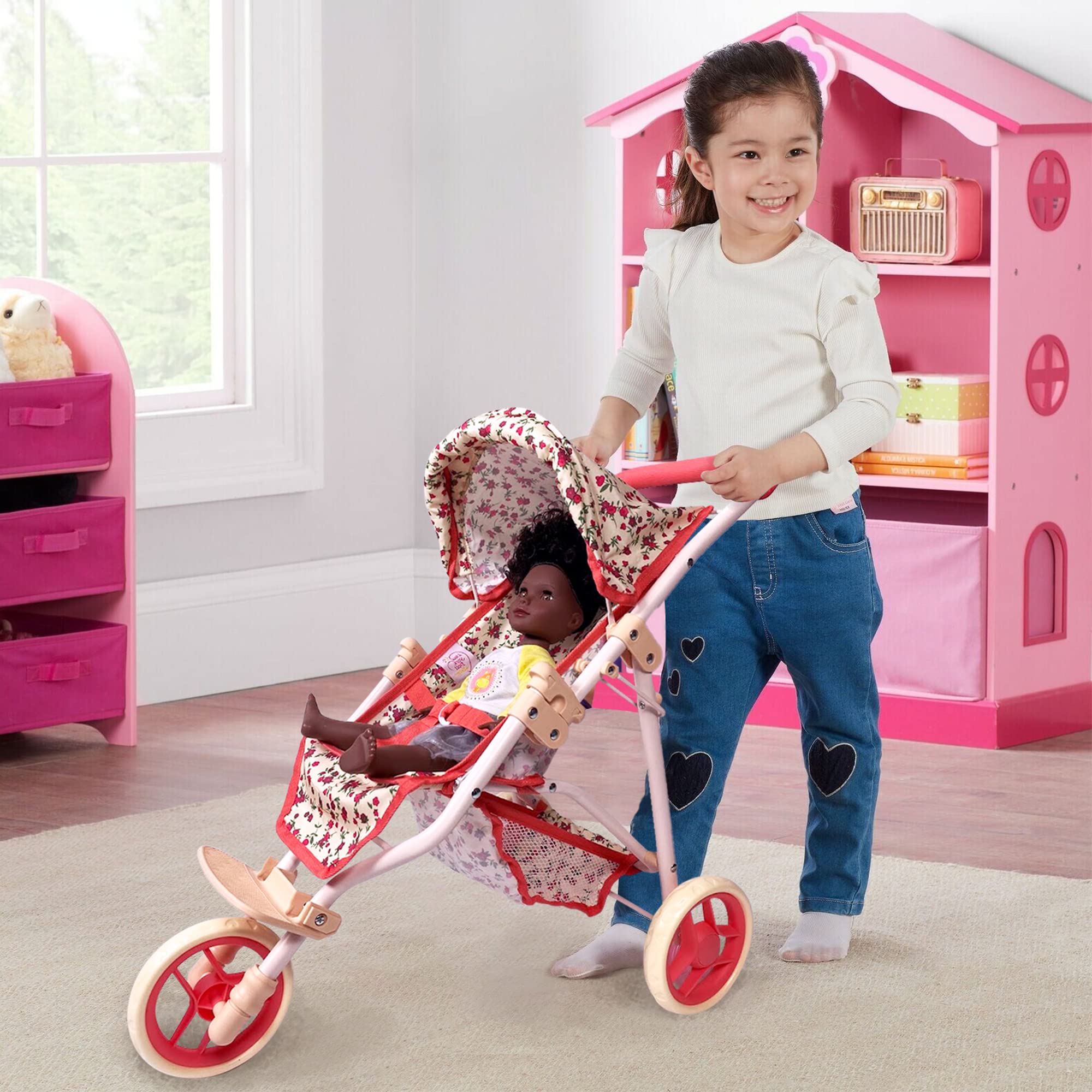 Baby Doll Stroller for Dolls | Play Toy Doll Stroller for Toddlers 3 Year Old Girls Gift | Push Pram Baby Stroller for Dolls, Babydoll Stroller Jogger Baby Carriage for Dolls (Quality Floral Print)