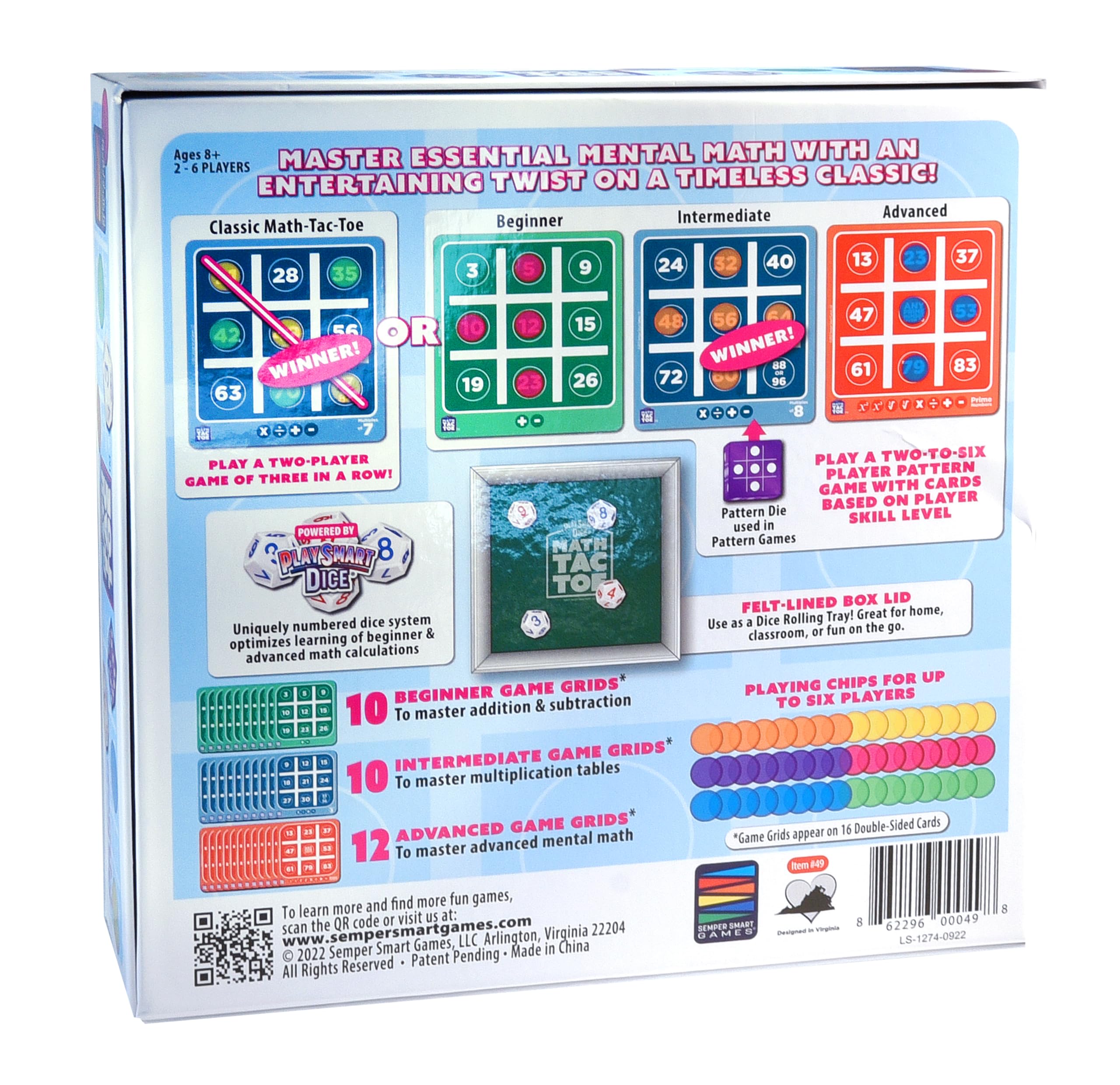 Semper Smart Games PlaySmart Dice Math-Tac-Toe: Get Sharp on Mental Math with a Fun New Twist on a Timeless Classic! Multiple Skill-leveled Math Bingo Made Fun for 8 and up!