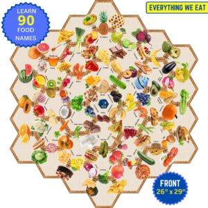 Double-Sided Floor Puzzles for Kids Ages 3-5 4-8, Educational Hexagonal Shapes with Words and Real Images, Learning Activity - 180 Foods and Objects (37 Pcs, 26"x29")