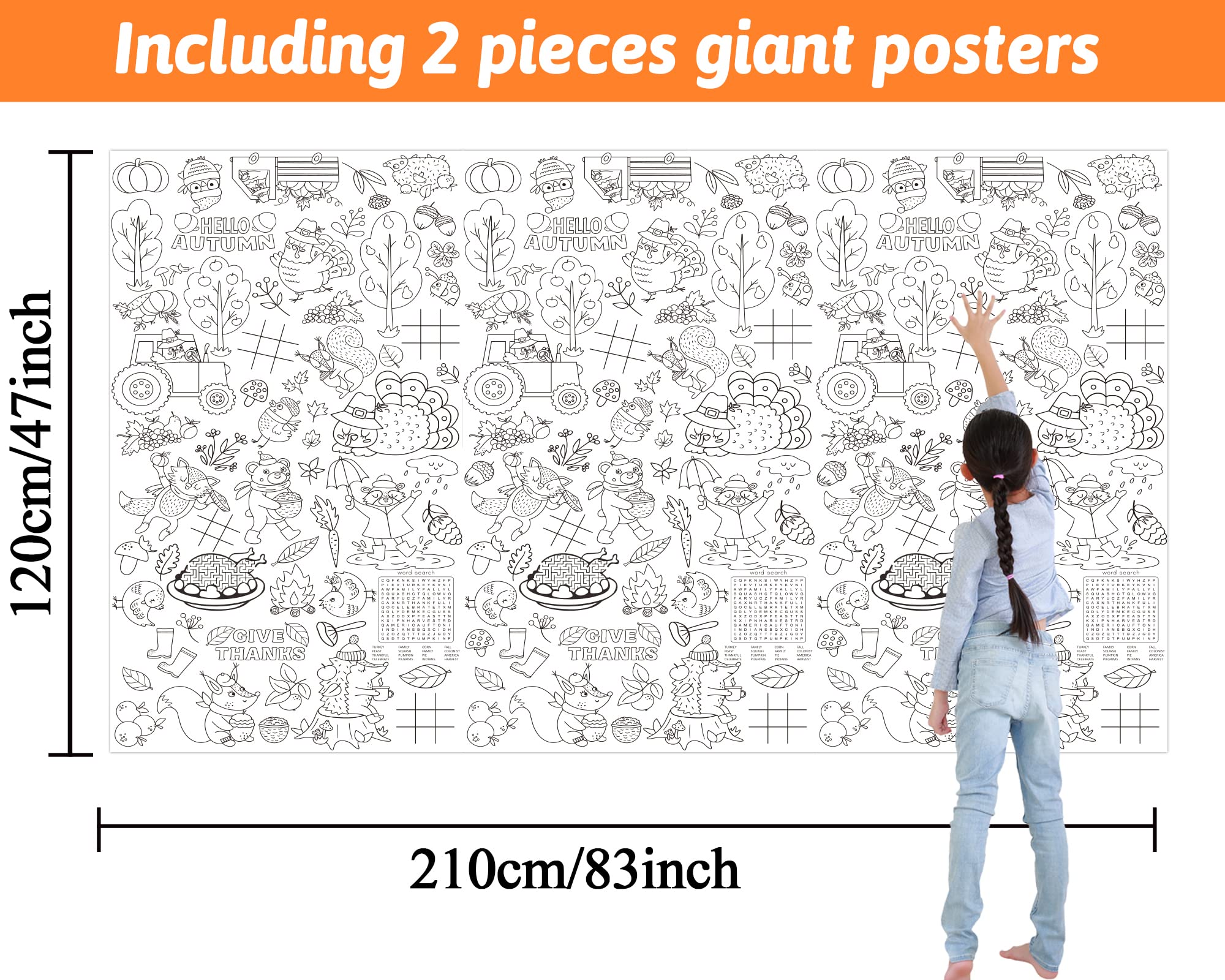 Wiooffen 2pcs Giant Thanksgiving Coloring Tablecloth Posters Activity 82”x 47” for Kids, Autumn Big Fall Paper Color-in Poster Table Cover Arts and Crafts for Kids Preschool Kindergarten Classroom