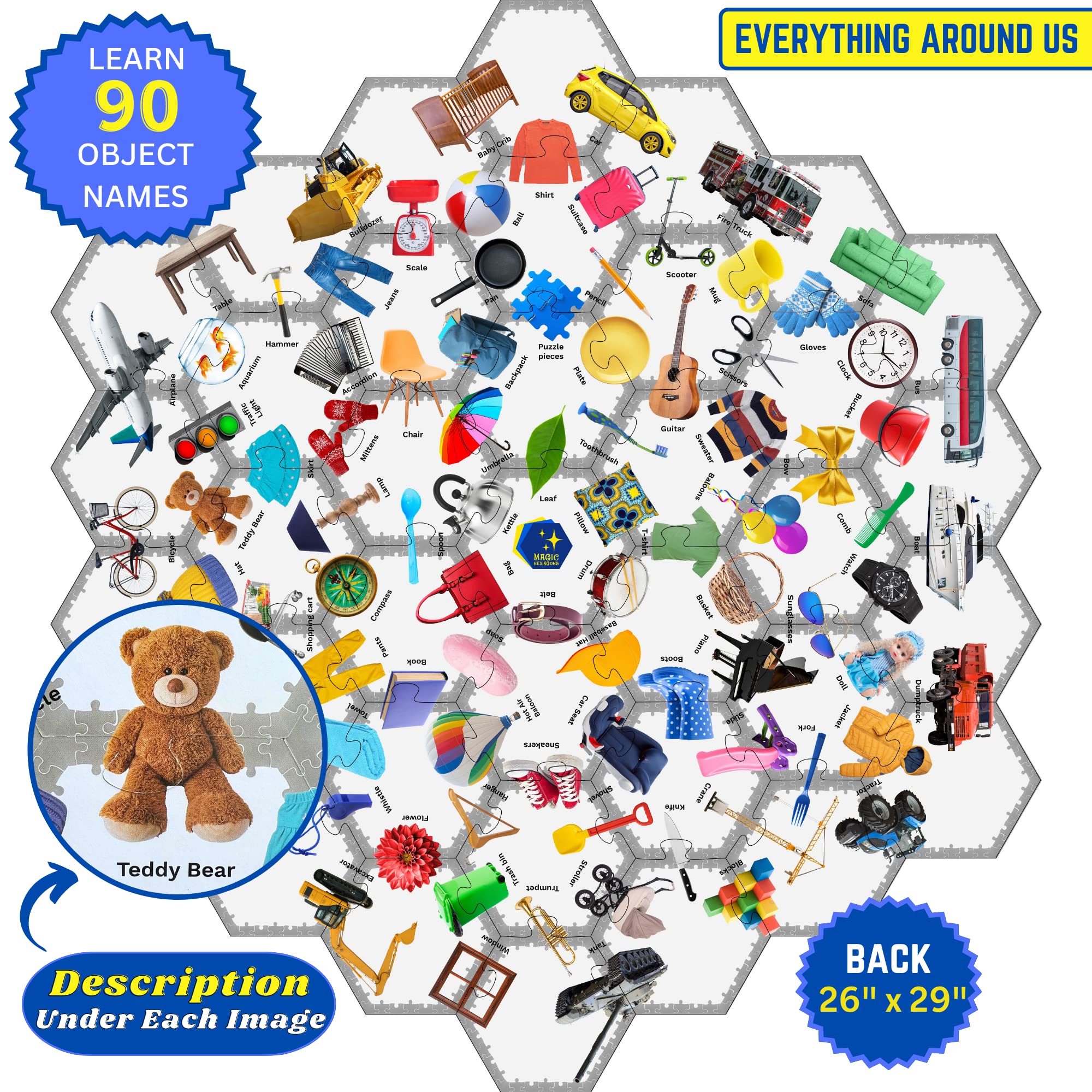 Double-Sided Floor Puzzles for Kids Ages 3-5 4-8, Educational Hexagonal Shapes with Words and Real Images, Learning Activity - 180 Foods and Objects (37 Pcs, 26"x29")