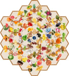 double-sided floor puzzles for kids ages 3-5 4-8, educational hexagonal shapes with words and real images, learning activity - 180 foods and objects (37 pcs, 26"x29")