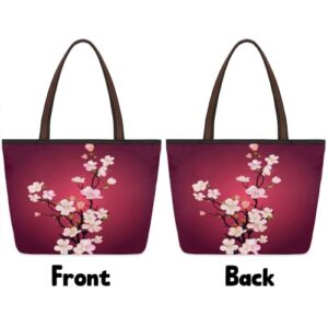 AUUXVA Cherry Blossom Tree Medium Totes Top Handle Purse Women Shoulder Bag, Japanese Style Floral Tote Bag with Zipper Handbag for School Travel Girls