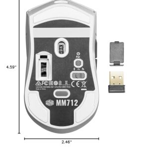 Cooler Master MM712 Wireless Gaming Mouse White with Adjustable 19,000 DPI, 2.4GHz and Bluetooth, Ultraweave Cable, PTFE Feet, RGB Lighting and MasterPlus+ Software