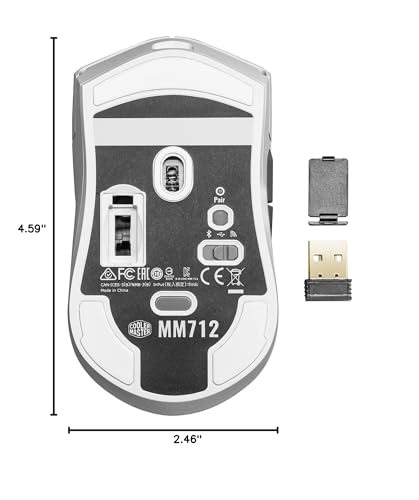 Cooler Master MM712 Wireless Gaming Mouse White with Adjustable 19,000 DPI, 2.4GHz and Bluetooth, Ultraweave Cable, PTFE Feet, RGB Lighting and MasterPlus+ Software