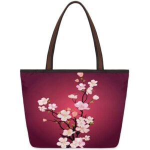 auuxva cherry blossom tree medium totes top handle purse women shoulder bag, japanese style floral tote bag with zipper handbag for school travel girls