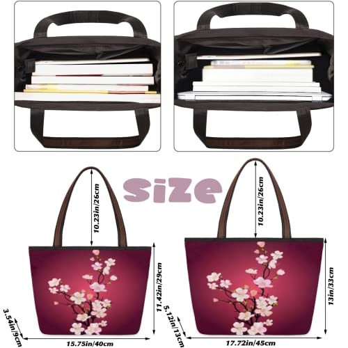 AUUXVA Cherry Blossom Tree Medium Totes Top Handle Purse Women Shoulder Bag, Japanese Style Floral Tote Bag with Zipper Handbag for School Travel Girls