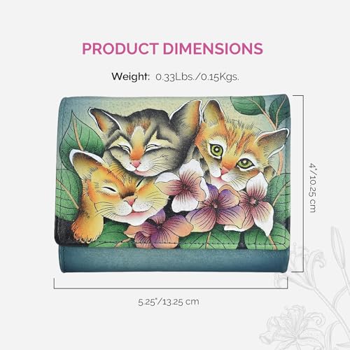 Anna by Anuschka Women's Hand-Painted Genuine Leather Ladies Three Fold Wallet - Three Kittens Blue