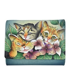 anna by anuschka women's hand-painted genuine leather ladies three fold wallet - three kittens blue