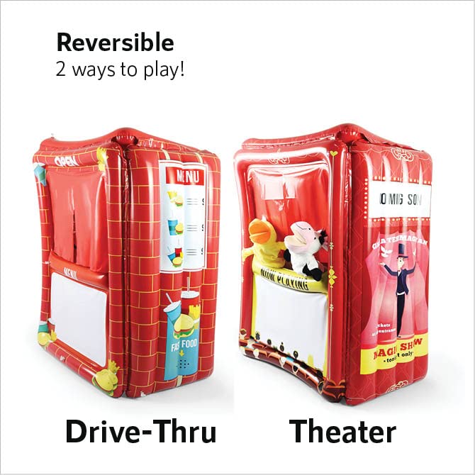 Upper Midland Products Inflatable Puppet Theater and Drive Thru - Puppet Show Theater for Kids with Dry Erase Board - Puppet Show for Kids- Reversible Toddler Drive Thru Play - 28" x 20" x 41"Inches