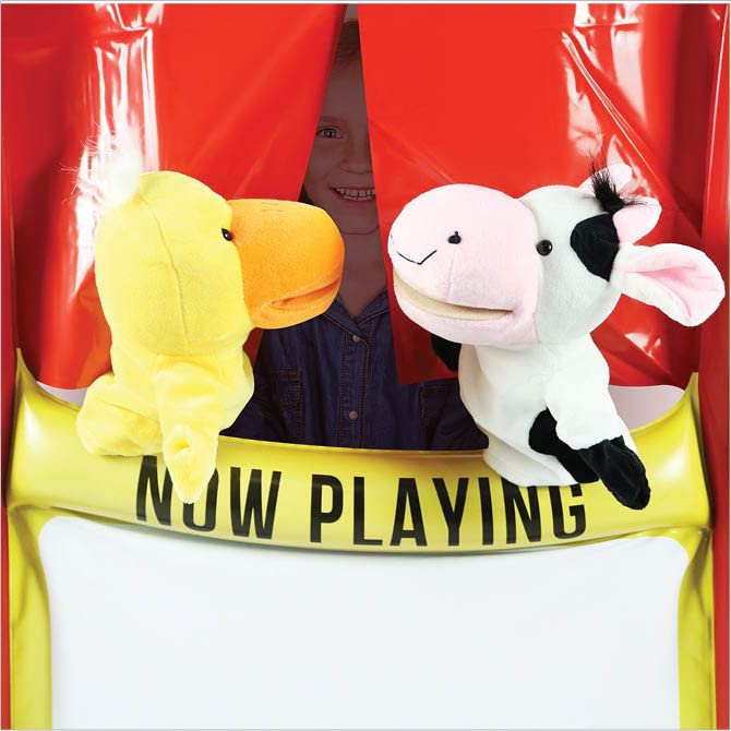 Upper Midland Products Inflatable Puppet Theater and Drive Thru - Puppet Show Theater for Kids with Dry Erase Board - Puppet Show for Kids- Reversible Toddler Drive Thru Play - 28" x 20" x 41"Inches