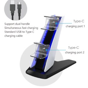 Wireless Controller Charging Station for PS5 Controller Charging Station, Dual Port Color LED Blue Light with Ambient Light, Dual USB Fast Charging Base and Large Non Slip Feet(White)