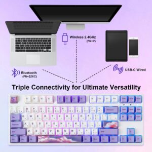 BOYI IK87 75% Tri-Mode Mechanical Gaming Keyboard,BT5.0/2.4G Wired RGB Keyboard,N-Key Rollover TKL Custom Keyboard Gateron Yellow Switch(Purple Dream Encounter Keycaps)