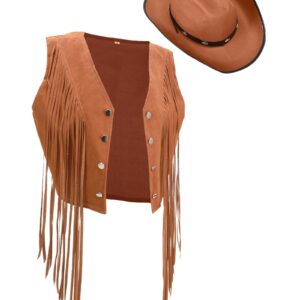 Yaomiao 70s Hippie Womens Fringe Vest Western Felt Cowgirl Hat Cowgirl Costume Rivets Sleeveless Faux Suede Tassels Jacket (Brown,M)