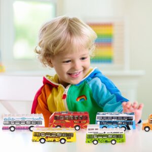 Hanaive 6 Pcs School Bus Toys Cars Set Die Cast Metal Little Cars City Bus Double Decker Friction Powered Cars Play Toys for Birthday Gift Vehicle with Opening Doors Education Bulk