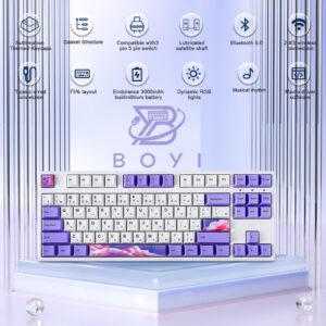 BOYI IK87 75% Tri-Mode Mechanical Gaming Keyboard,BT5.0/2.4G Wired RGB Keyboard,N-Key Rollover TKL Custom Keyboard Gateron Yellow Switch(Purple Dream Encounter Keycaps)