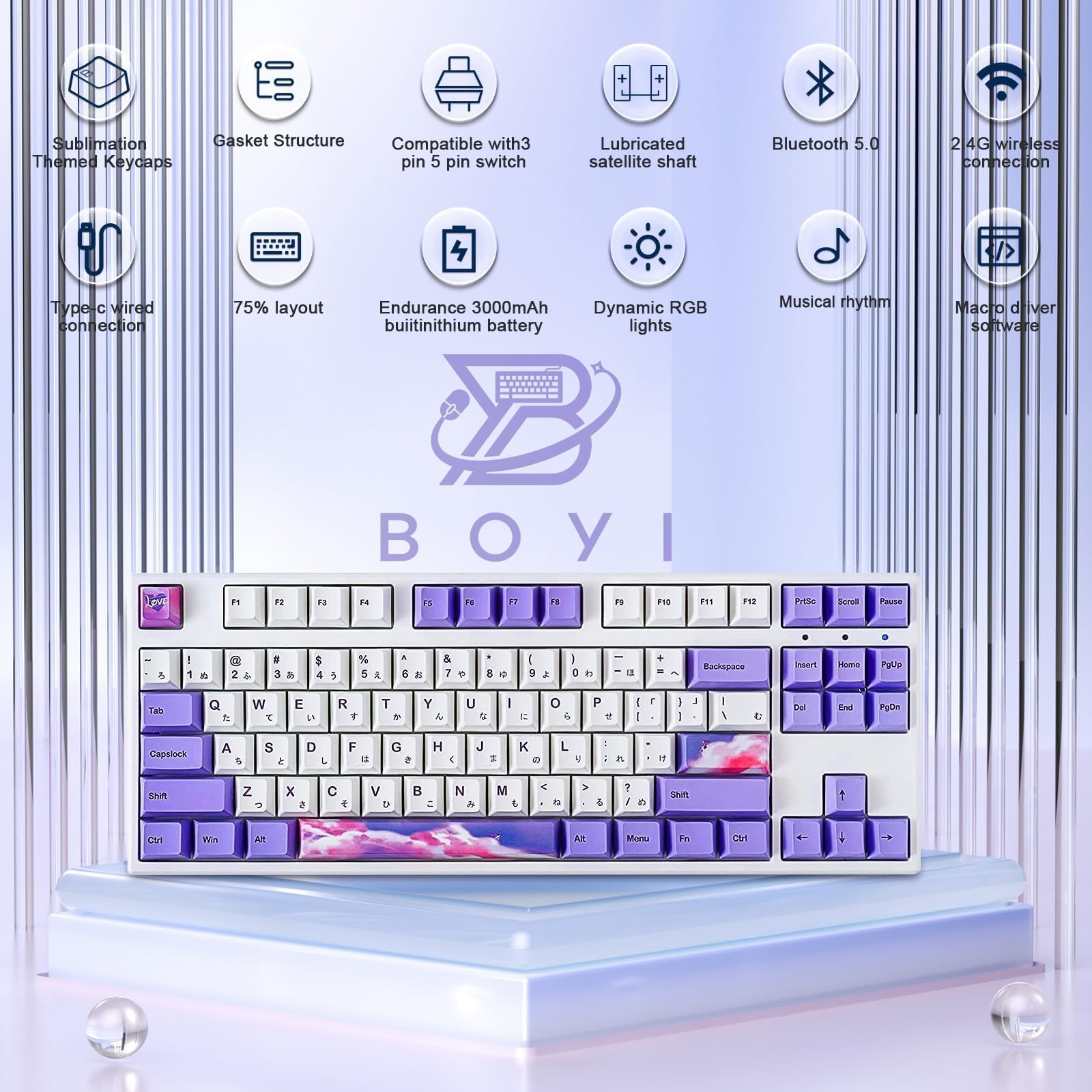 BOYI IK87 75% Tri-Mode Mechanical Gaming Keyboard,BT5.0/2.4G Wired RGB Keyboard,N-Key Rollover TKL Custom Keyboard Gateron Yellow Switch(Purple Dream Encounter Keycaps)