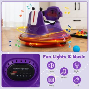 Costzon 12V Kids Ride On Bumper Car, Electric Bumper Car w/Dual Joysticks, Remote Control, 360° Spin, Slow Start Function, LED Lights & Fun Music, Adjustable Safety Belt, Soft Bumper (Purple)