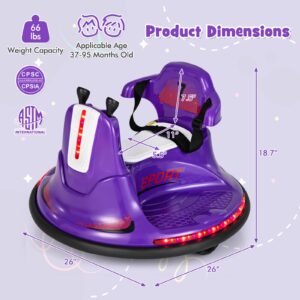 Costzon 12V Kids Ride On Bumper Car, Electric Bumper Car w/Dual Joysticks, Remote Control, 360° Spin, Slow Start Function, LED Lights & Fun Music, Adjustable Safety Belt, Soft Bumper (Purple)