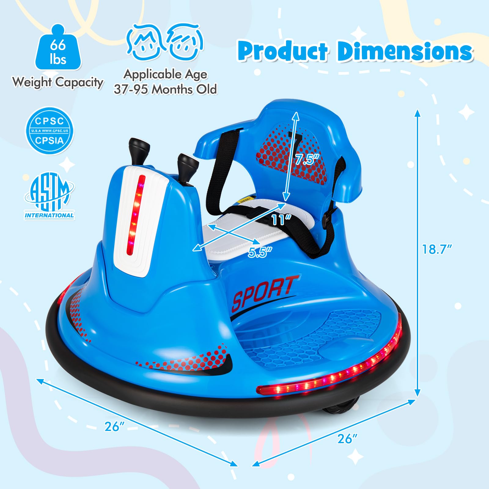 Costzon 12V Kids Ride On Bumper Car, Electric Bumper Car w/Dual Joysticks, Remote Control, 360° Spin, Slow Start Function, LED Lights & Fun Music, Adjustable Safety Belt, Soft Bumper (Blue)