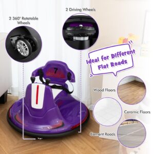 Costzon 12V Kids Ride On Bumper Car, Electric Bumper Car w/Dual Joysticks, Remote Control, 360° Spin, Slow Start Function, LED Lights & Fun Music, Adjustable Safety Belt, Soft Bumper (Purple)