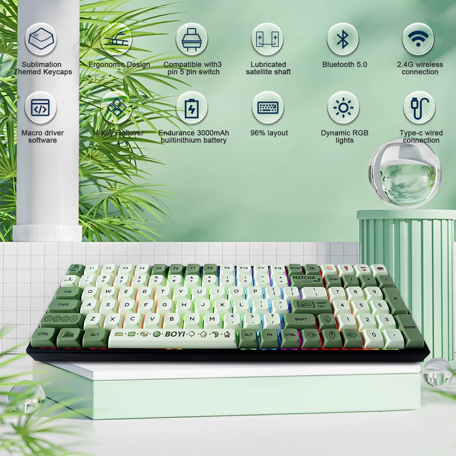 BOYI TK96 RGB Hot Swappable Wireless Matcha Keyboard,2.4Ghz/Bluetooth 5.0/Wired Keyboard N-Key Rollover Custom Gateron Yellow Switch Ergonomic Full Size Keyboard Green Gaming Keyboard