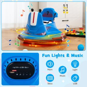 Costzon 12V Kids Ride On Bumper Car, Electric Bumper Car w/Dual Joysticks, Remote Control, 360° Spin, Slow Start Function, LED Lights & Fun Music, Adjustable Safety Belt, Soft Bumper (Blue)