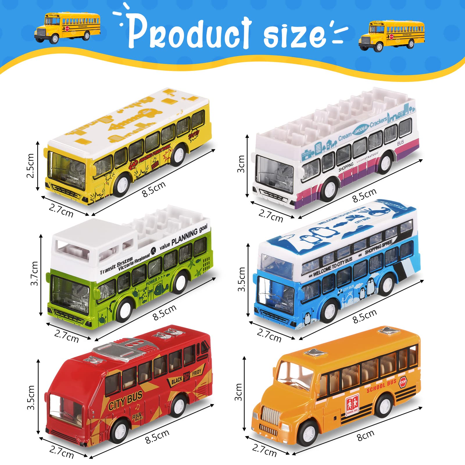 Hanaive 6 Pcs School Bus Toys Cars Set Die Cast Metal Little Cars City Bus Double Decker Friction Powered Cars Play Toys for Birthday Gift Vehicle with Opening Doors Education Bulk