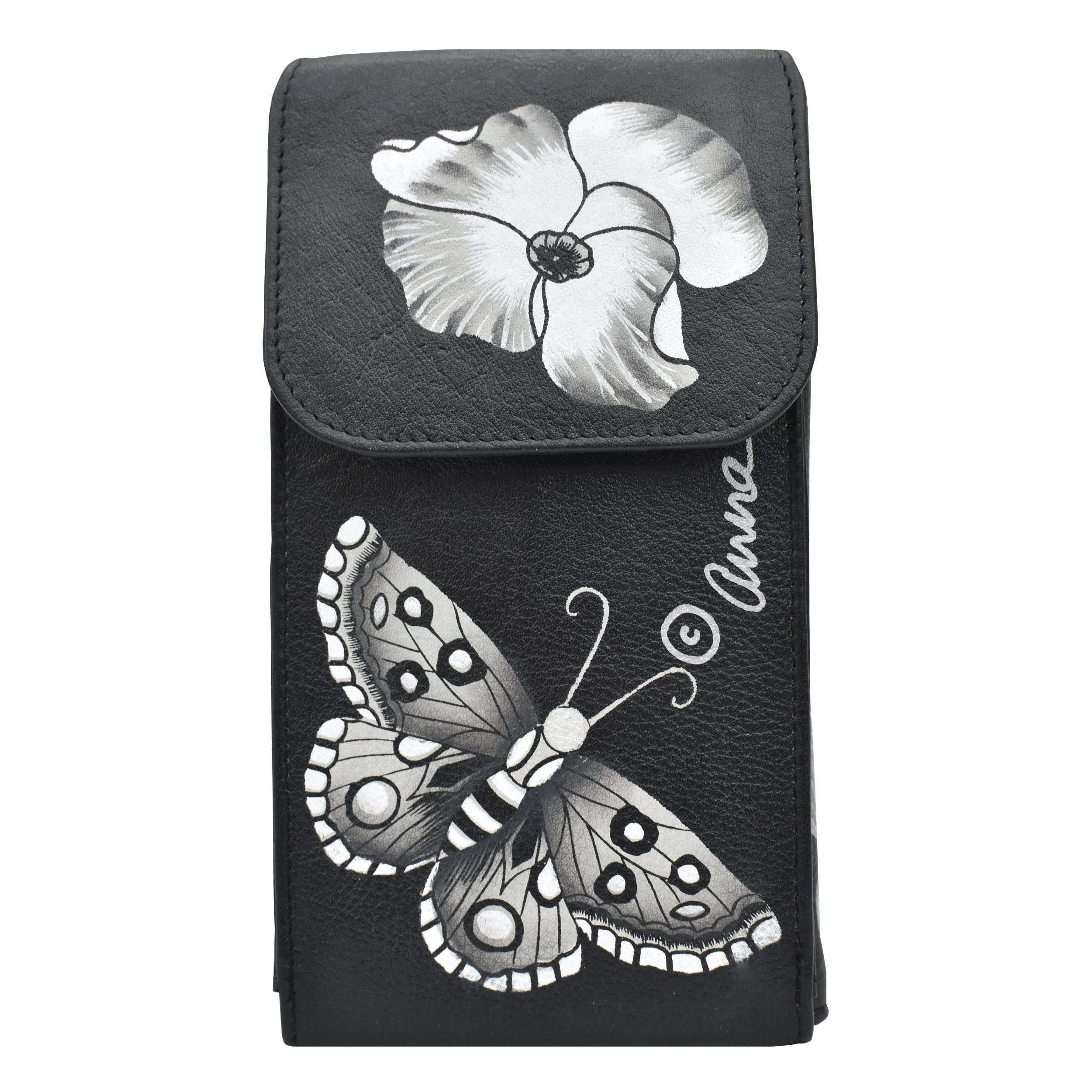 Anna by Anuchka Women's Hand-Painted Genuine Leather Phone Wallet Organizer Crossbody - Butterfly Mosaic Black