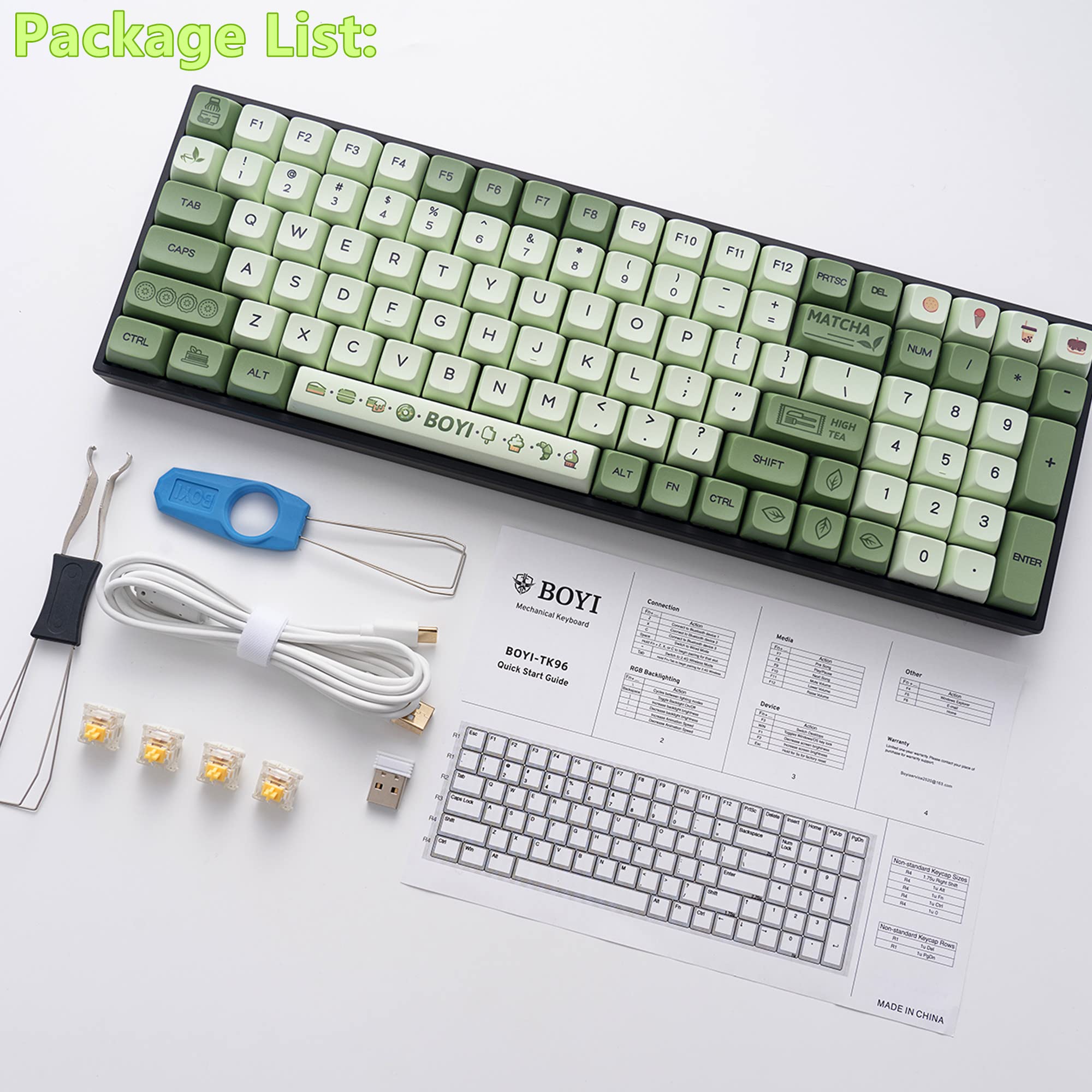 BOYI TK96 RGB Hot Swappable Wireless Matcha Keyboard,2.4Ghz/Bluetooth 5.0/Wired Keyboard N-Key Rollover Custom Gateron Yellow Switch Ergonomic Full Size Keyboard Green Gaming Keyboard