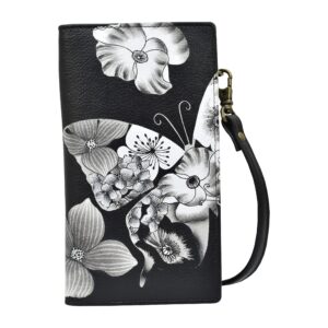 anna by anuchka women's hand-painted genuine leather phone wallet organizer crossbody - butterfly mosaic black