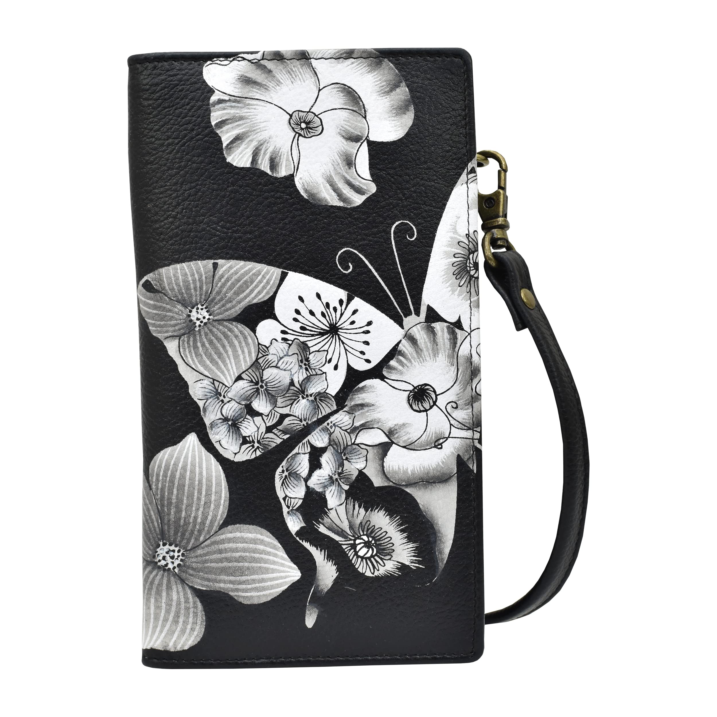 Anna by Anuchka Women's Hand-Painted Genuine Leather Phone Wallet Organizer Crossbody - Butterfly Mosaic Black