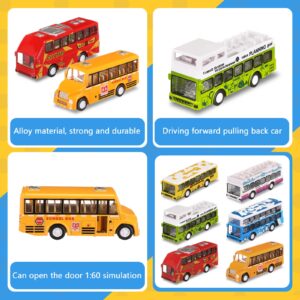 Hanaive 6 Pcs School Bus Toys Cars Set Die Cast Metal Little Cars City Bus Double Decker Friction Powered Cars Play Toys for Birthday Gift Vehicle with Opening Doors Education Bulk