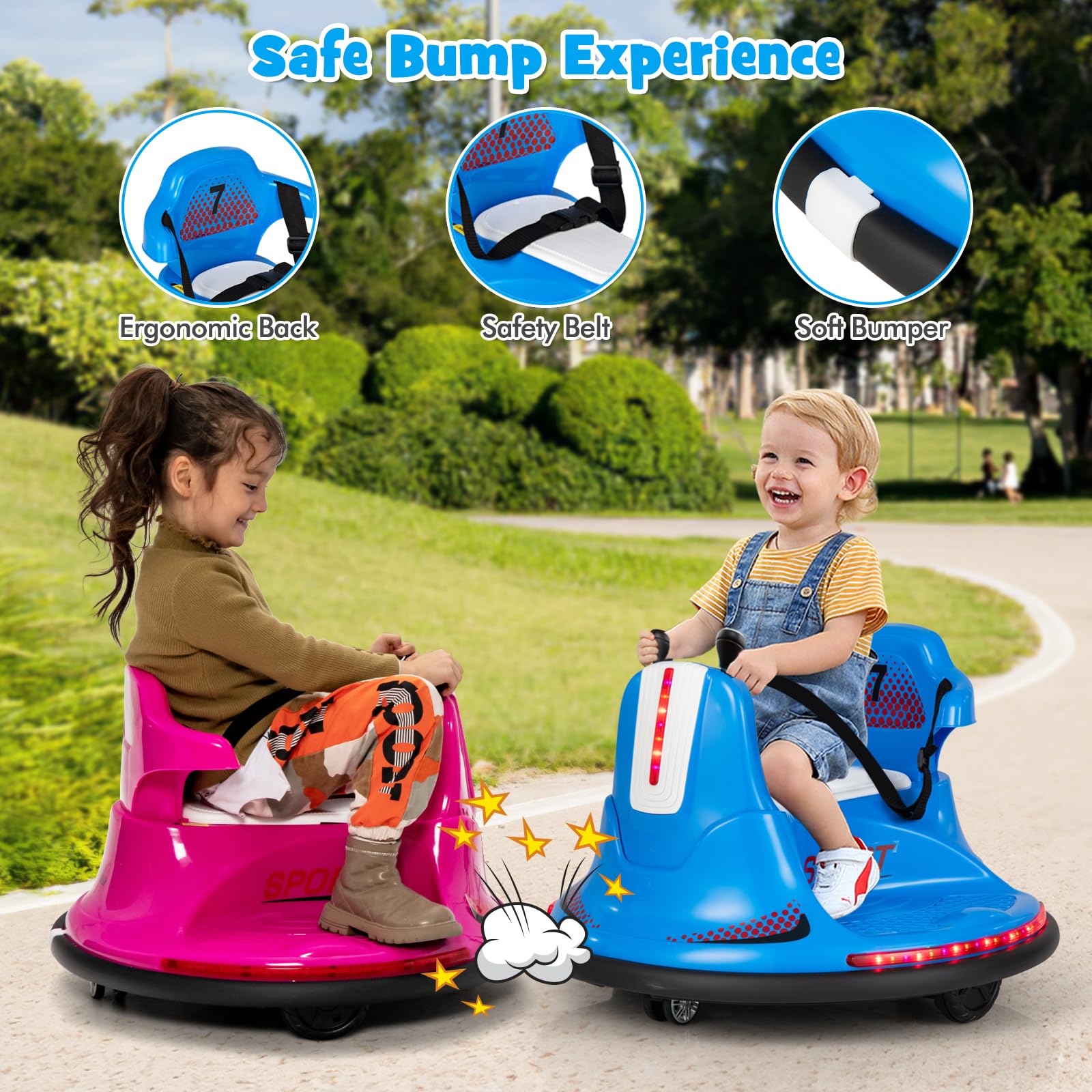 Costzon 12V Kids Ride On Bumper Car, Electric Bumper Car w/Dual Joysticks, Remote Control, 360° Spin, Slow Start Function, LED Lights & Fun Music, Adjustable Safety Belt, Soft Bumper (Blue)