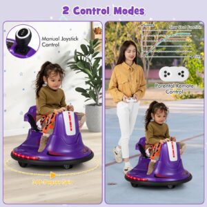 Costzon 12V Kids Ride On Bumper Car, Electric Bumper Car w/Dual Joysticks, Remote Control, 360° Spin, Slow Start Function, LED Lights & Fun Music, Adjustable Safety Belt, Soft Bumper (Purple)