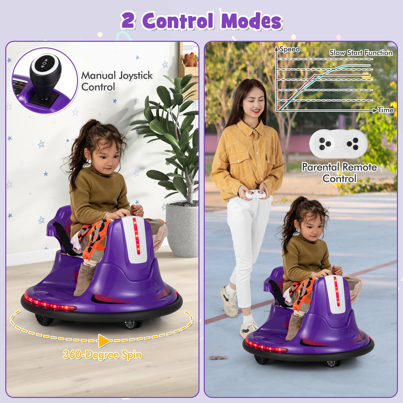 Costzon 12V Kids Ride On Bumper Car, Electric Bumper Car w/Dual Joysticks, Remote Control, 360° Spin, Slow Start Function, LED Lights & Fun Music, Adjustable Safety Belt, Soft Bumper (Purple)