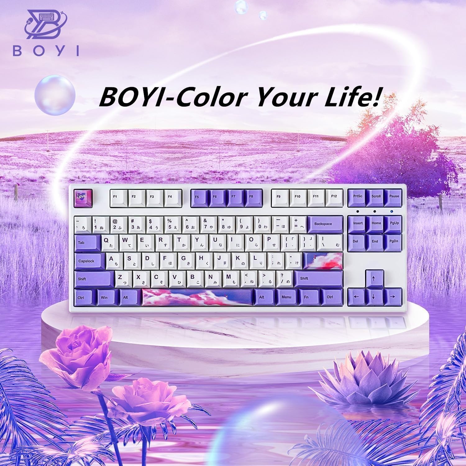 BOYI IK87 75% Tri-Mode Mechanical Gaming Keyboard,BT5.0/2.4G Wired RGB Keyboard,N-Key Rollover TKL Custom Keyboard Gateron Yellow Switch(Purple Dream Encounter Keycaps)