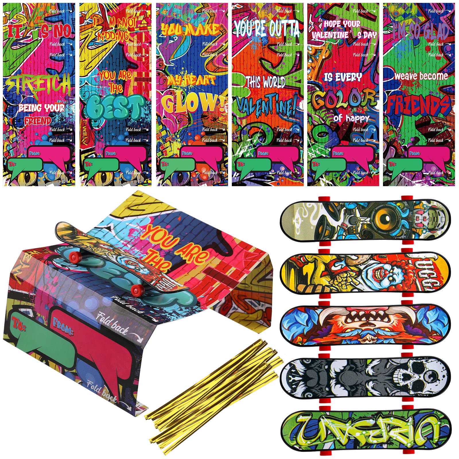 36 Pcs Finger Skateboards with Greeting Cards for Valentines Day Set, Finger Board Assorted Mini Skateboards Valentine Classroom Exchange Cards Valentine Party Favor for Valentine's Day Prizes Gift