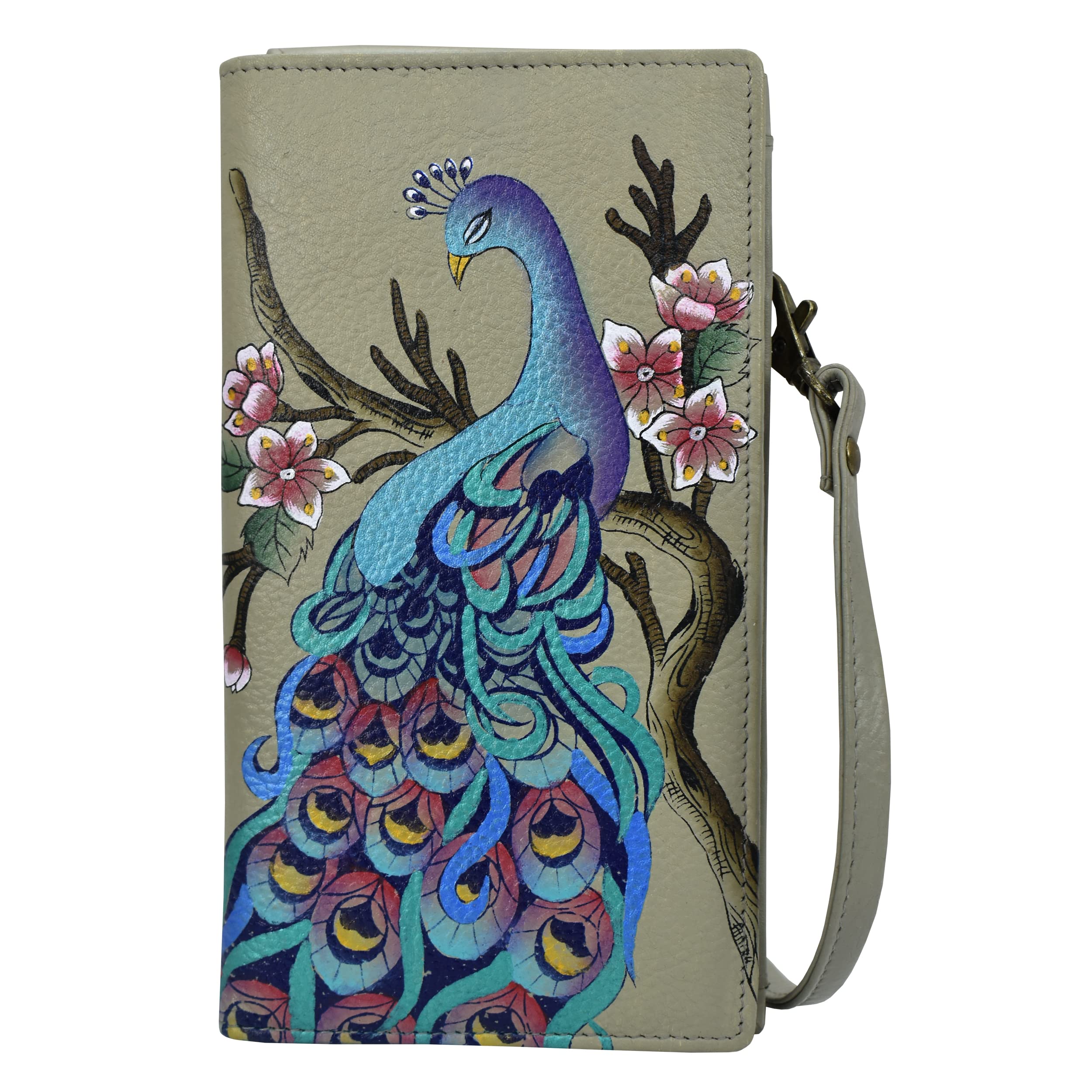 Anna by Anuchka Women's Hand-Painted Genuine Leather Phone Wallet Organizer Crossbody - Peacock Bliss Taupe