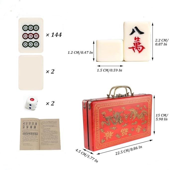 Florauspicious Chinese Mahjong Set, Traditional Majong Sets Chinese with 146PCS 0.87" x 0.59" x 0.47" Mini Mahjong Tiles, 2PCS Dot Dice & 6.7” Wooden Carry Case for Travel, Family Gathering, Party