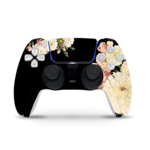 zoomhitskins compatible with ps5 controller skin, vinyl for durable & fit, black neon flowers hibiscus vintage bouquet, easy to use, bubble-free, precisely cut