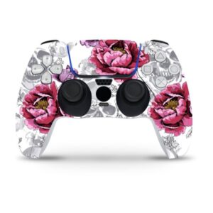 zoomhitskins compatible with ps5 controller skin, vinyl for durable & fit, roses skeleton white pink rock heavy, easy to use, bubble-free, precisely cut