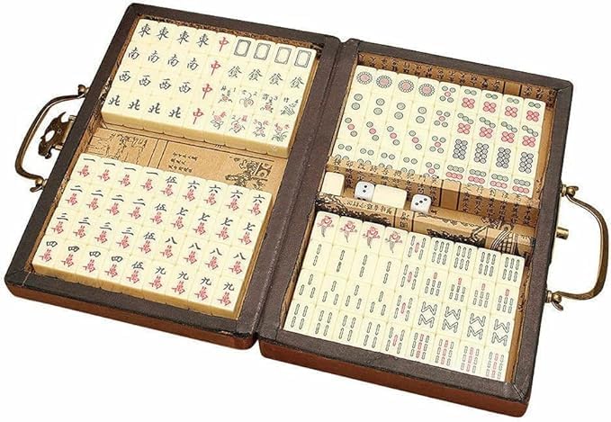 Florauspicious Chinese Mahjong Set, Traditional Majong Sets Chinese with 146PCS 0.87" x 0.59" x 0.47" Mini Mahjong Tiles, 2PCS Dot Dice & 6.7” Wooden Carry Case for Travel, Family Gathering, Party