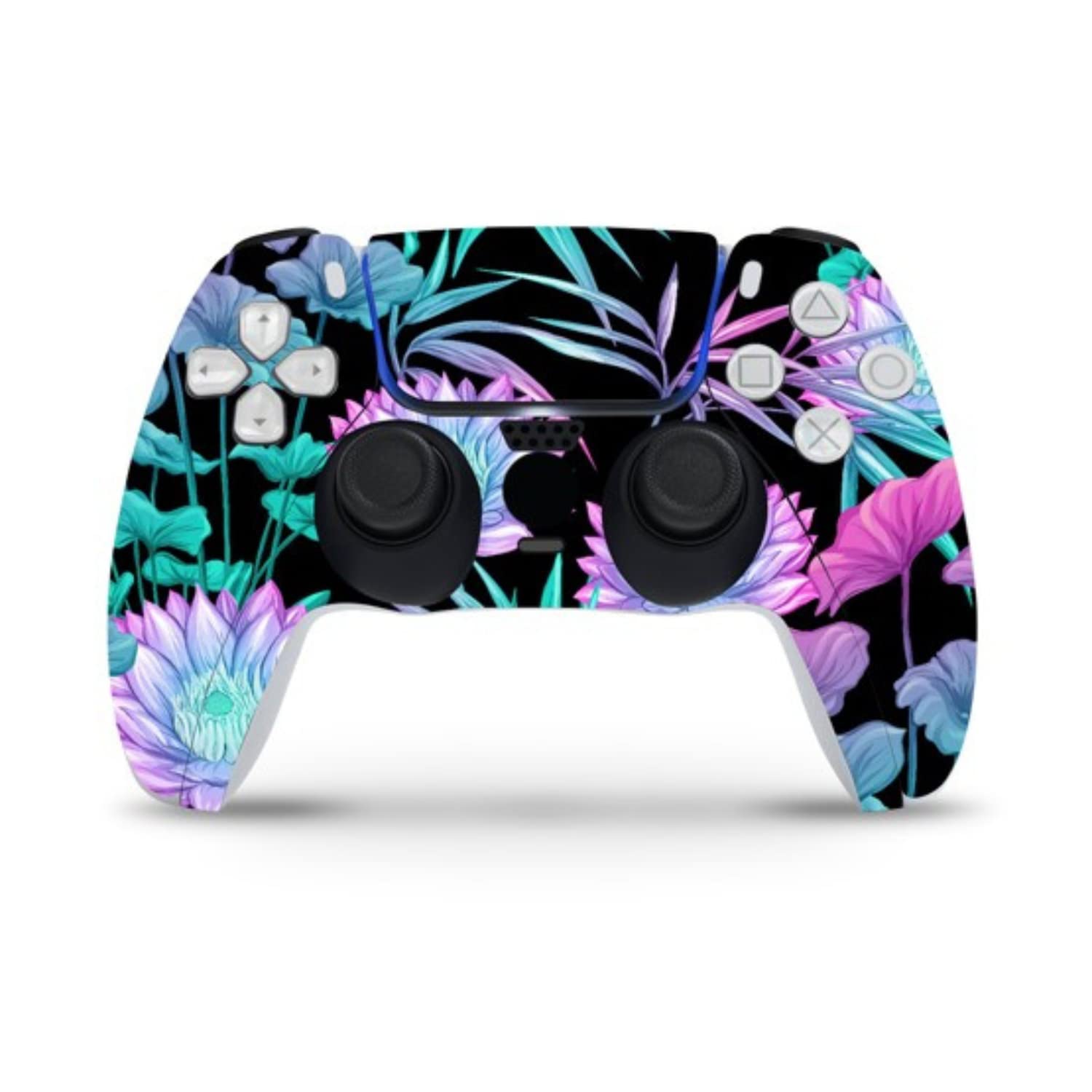 ZOOMHITSKINS Compatible with PS5 Skin, Water Lily Lotus Black Green Purple Neon Flowers, Durable, Bubble-Free, W/Disk Version, Precisely Cut