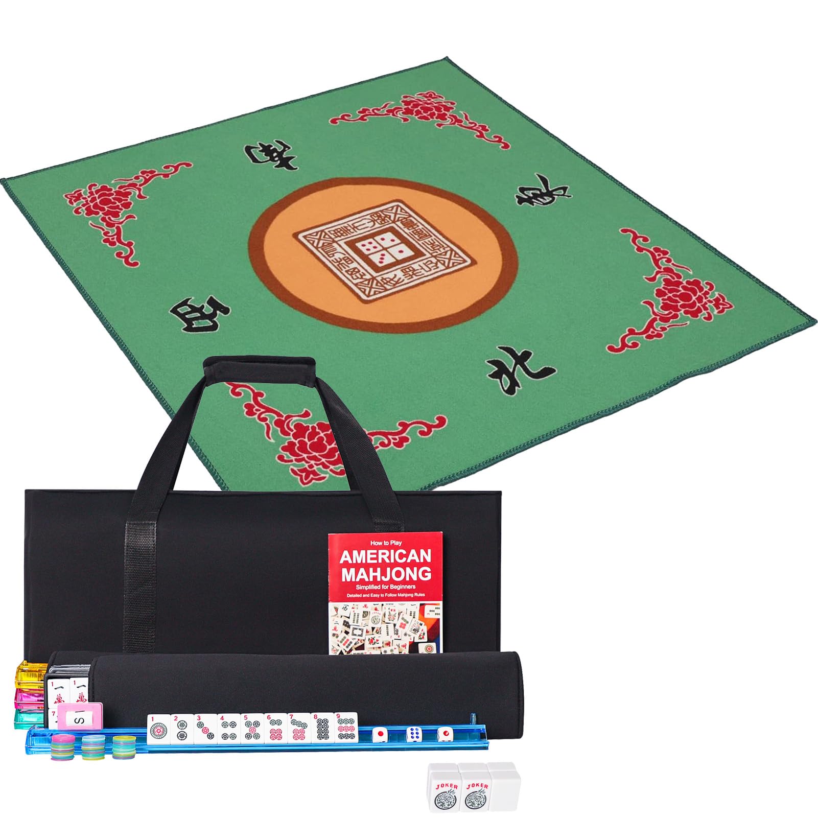 GUSTARIA American Mahjong Game Set,166 Premium White Tiles,4 All-in-One Color Rack/Pushers,100 Chips,1 Wind Indicator,Durable Black Soft Bag,Easy Carry Western Mahjongg with Mahjong Mat